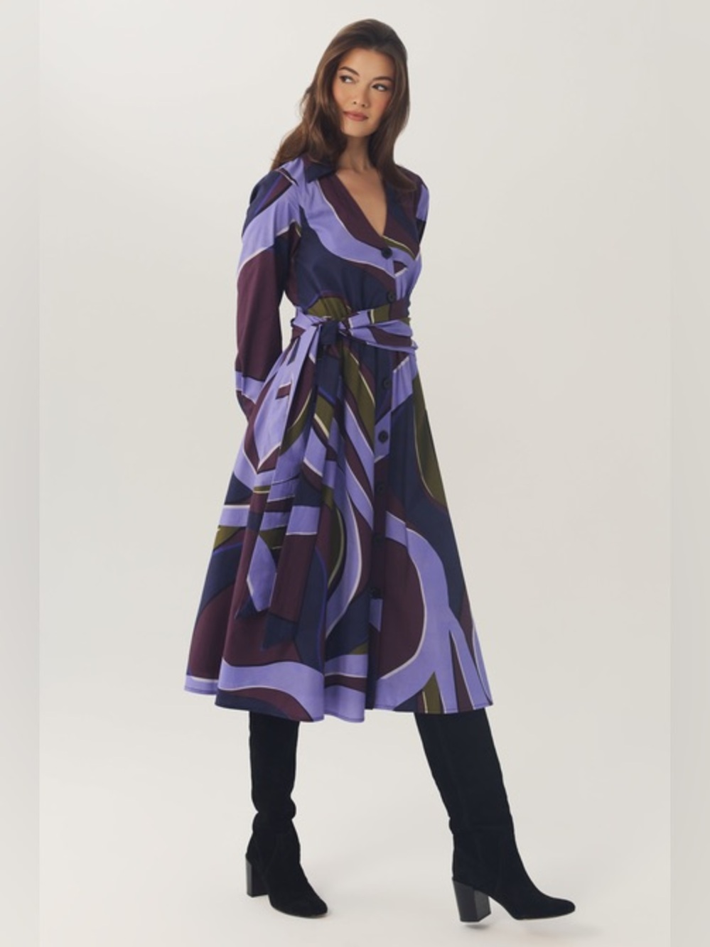 NWT Hutch Corryn Retro Geo Tie-Waist Midi Dress Plum Multi Small
